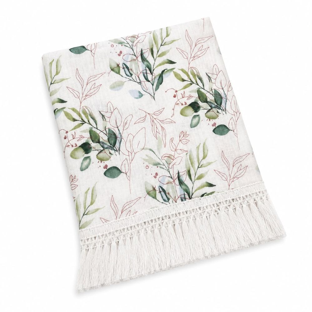 Maxims - Botanical Muslin Baby Blanket With Tassel Fringe - Green/White
