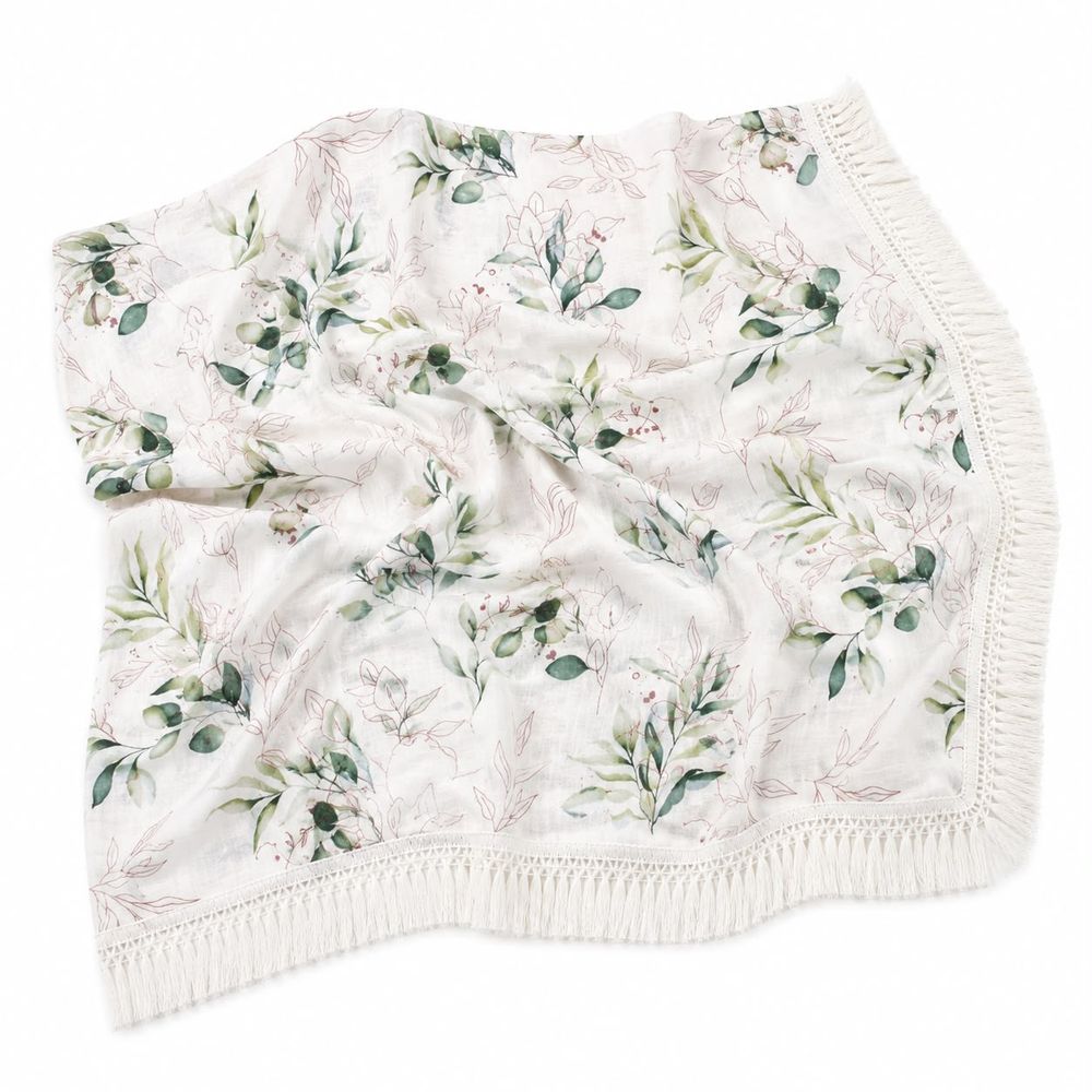 Maxims - Botanical Muslin Baby Blanket With Tassel Fringe - Green/White