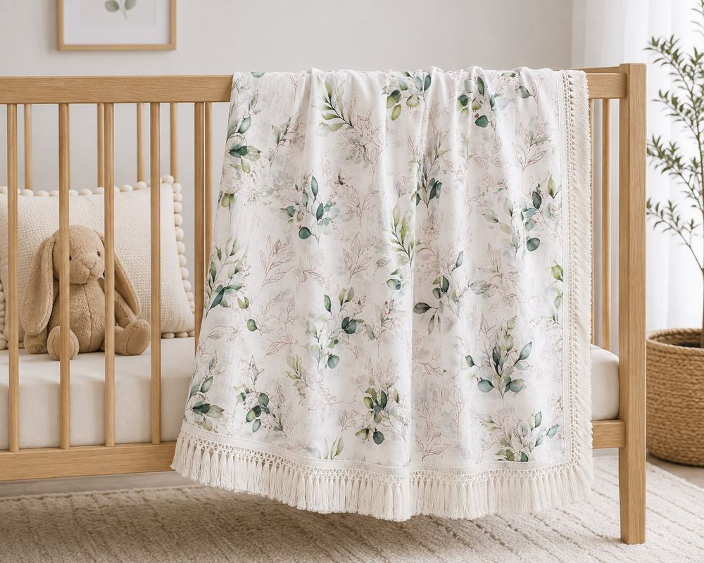 Maxims - Botanical Muslin Baby Blanket With Tassel Fringe - Green/White