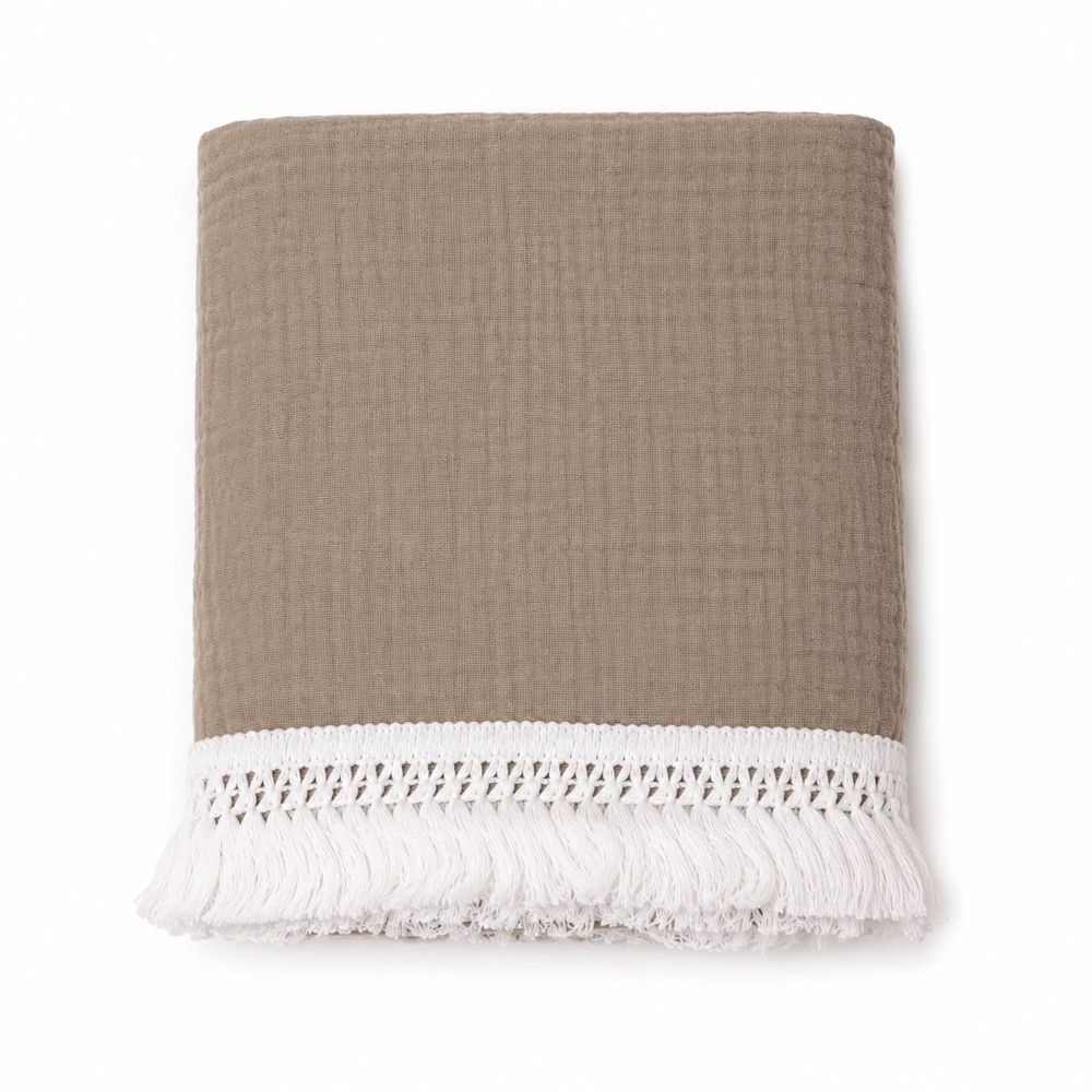 Maxims - Muslin Baby Blanket With Tassel Fringe - Stone Beige
