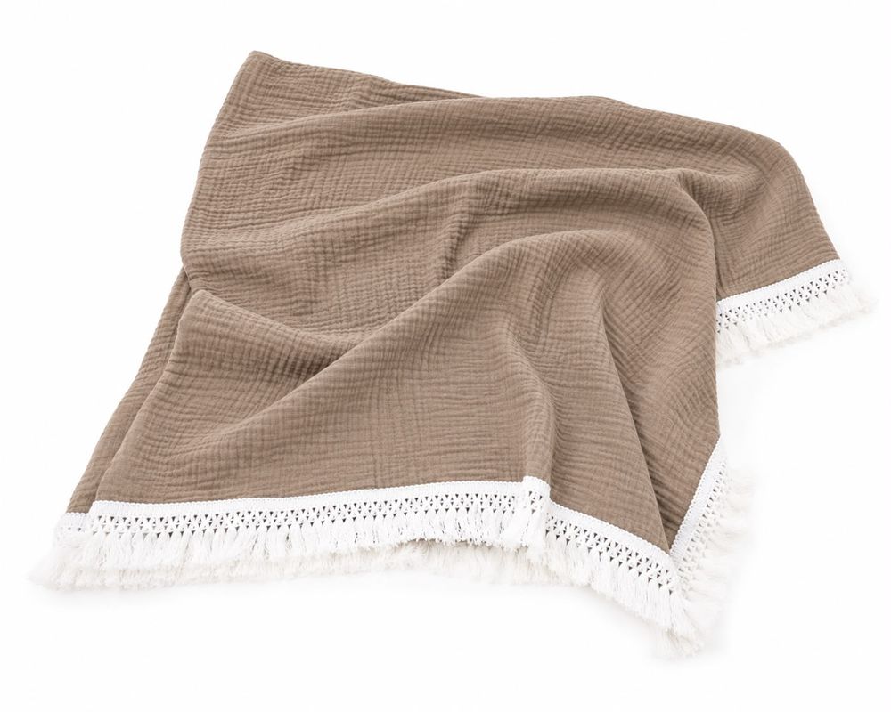 Maxims - Muslin Baby Blanket With Tassel Fringe - Stone Beige