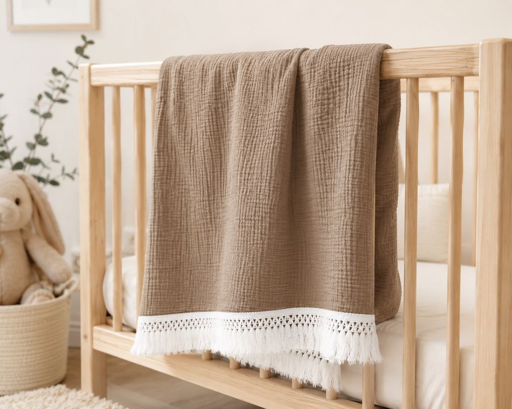 Maxims - Muslin Baby Blanket With Tassel Fringe - Stone Beige