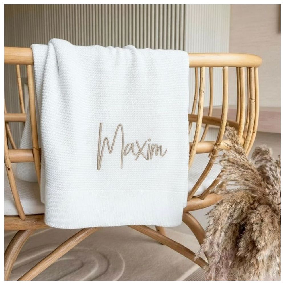 Maxims - Personalised Baby Organic Cotton Knitted Blanket - White