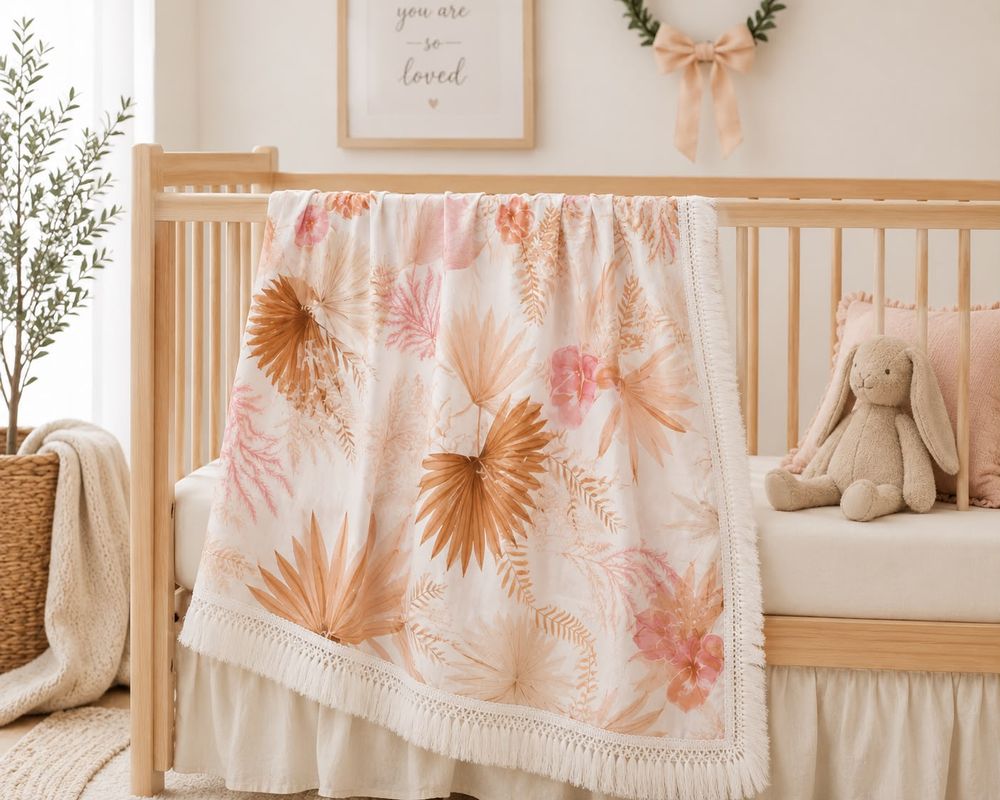Maxims - Boho Botanical Muslin Baby Blanket With Tassel Fringe - Multicolor