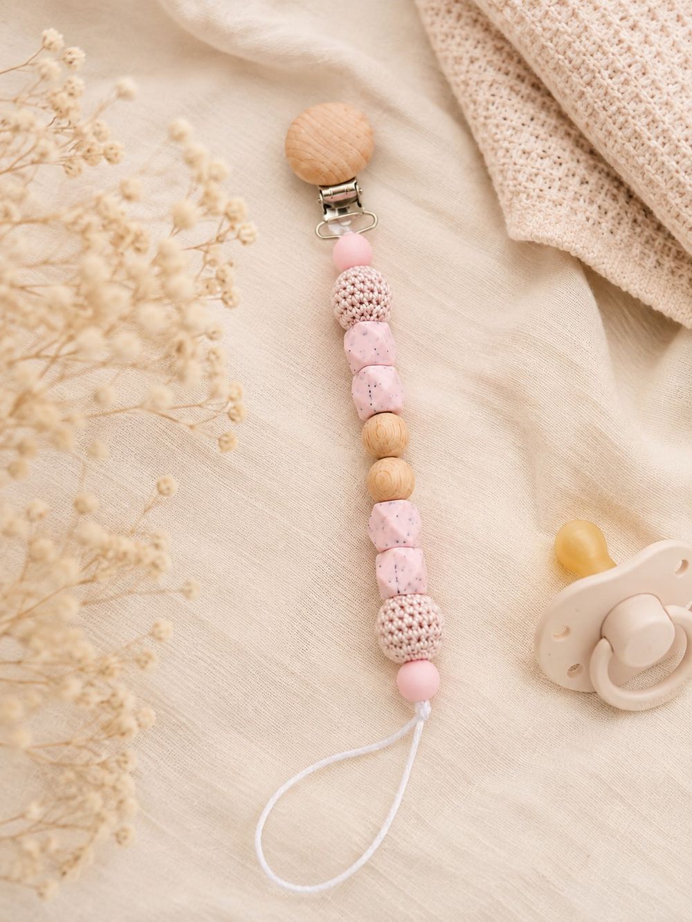 Maxims - Blush & Beech Wooden Pacifier Clip - Multicolor