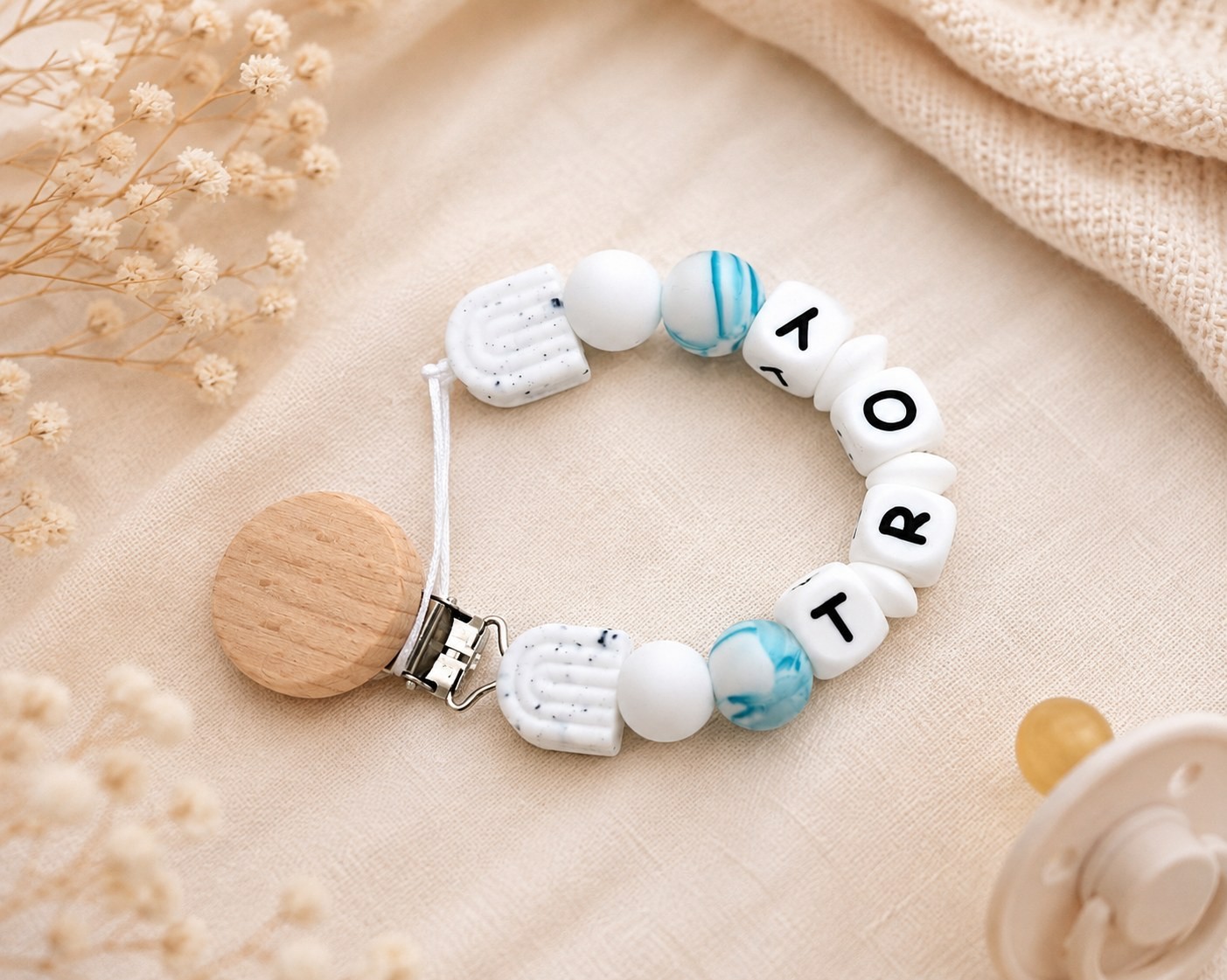 Maxims Baby Store - Personalized Marble Pacifier Clip - Blue 