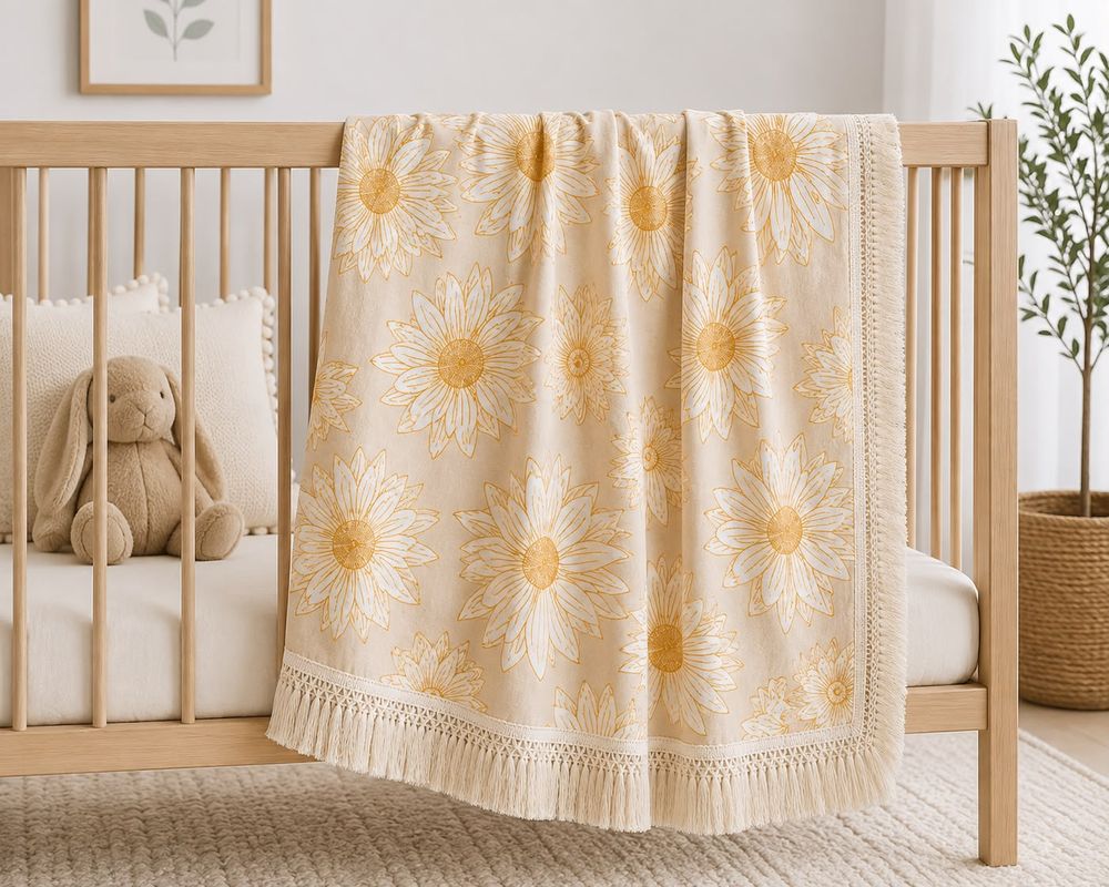Maxims - Sunflower Muslin Baby Blanket With Tassel Fringe - Multicolor
