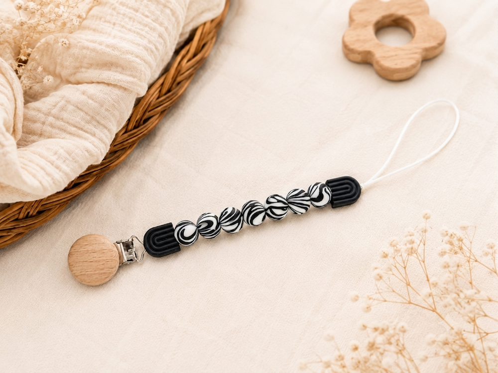 Maxims - Monochrome Marble Silicone Pacifier Clip - Black/White