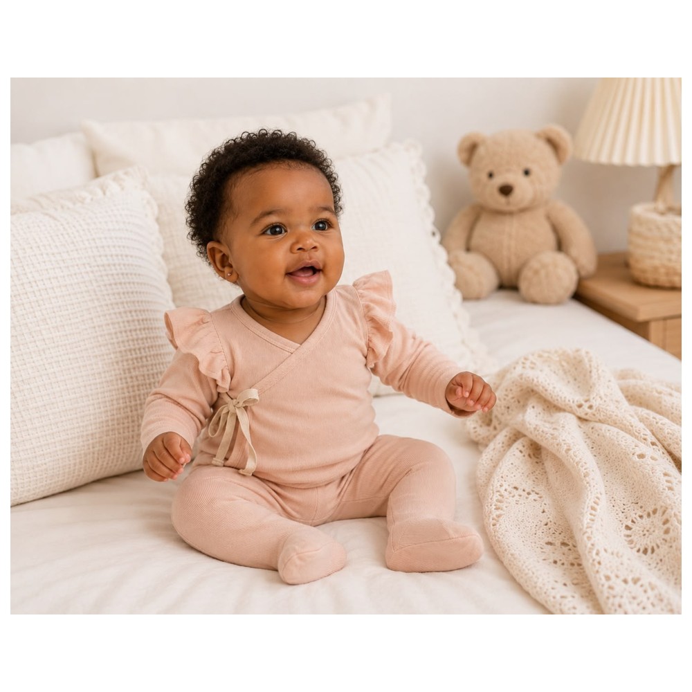 Maxims - 2pc-Set - Baby Girl's Ribbed Wrap Top & Footed Leggings - Peach