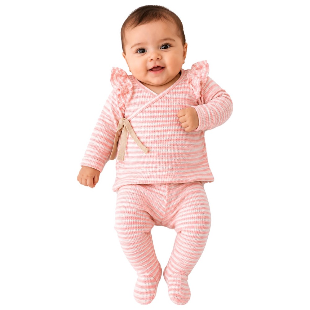 Maxims - 2pc-Set - Baby Girl's Striped Ribbed Wrap Top & Footed Leggings - Pink