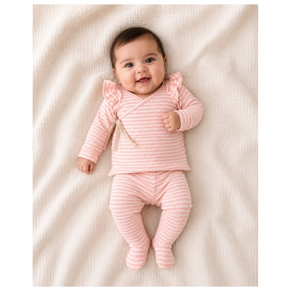 Maxims - 2pc-Set - Baby Girl's Striped Ribbed Wrap Top & Footed Leggings - Pink