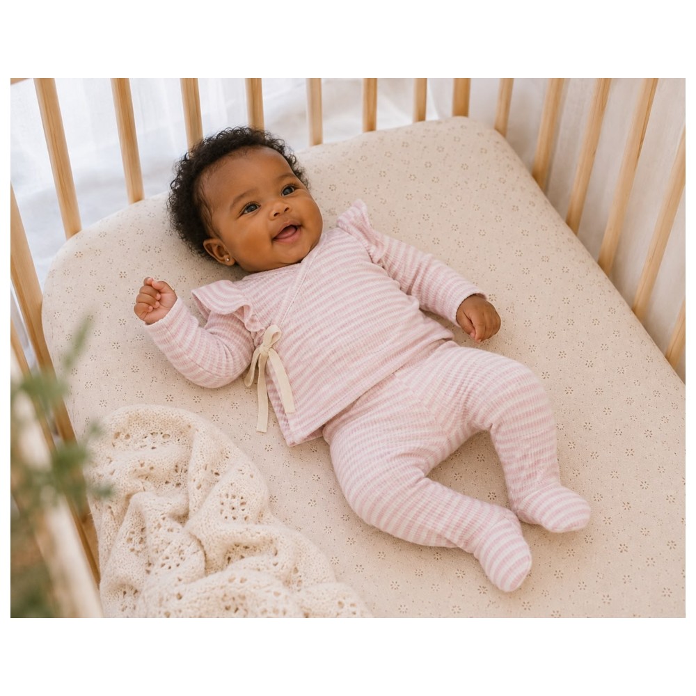 Maxims - 2pc-Set - Baby Girl's Striped Ribbed Wrap Top & Footed Leggings - Pink