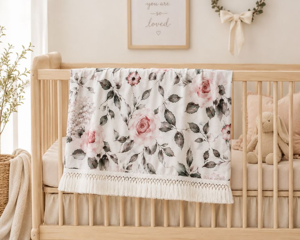 Maxims - Baby Floral Muslin Blanket With Tassel Fringe - Multicolor