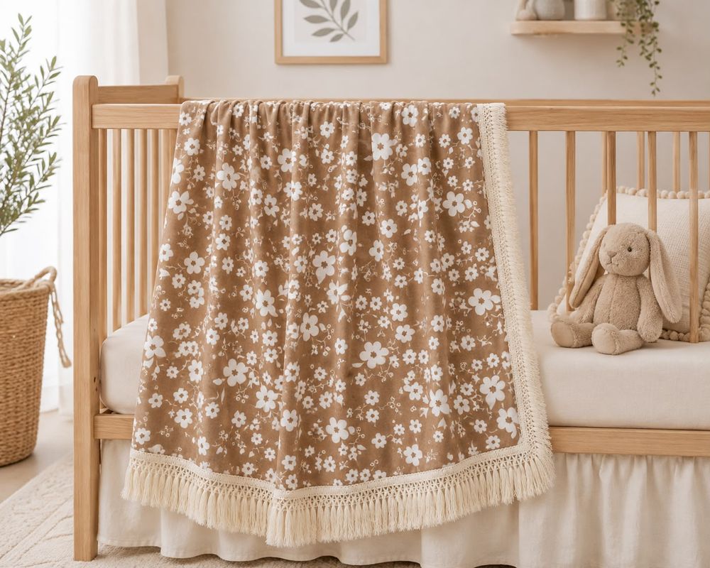 Maxims - Floral Muslin Baby Blanket With Tassel Fringe - Multicolor