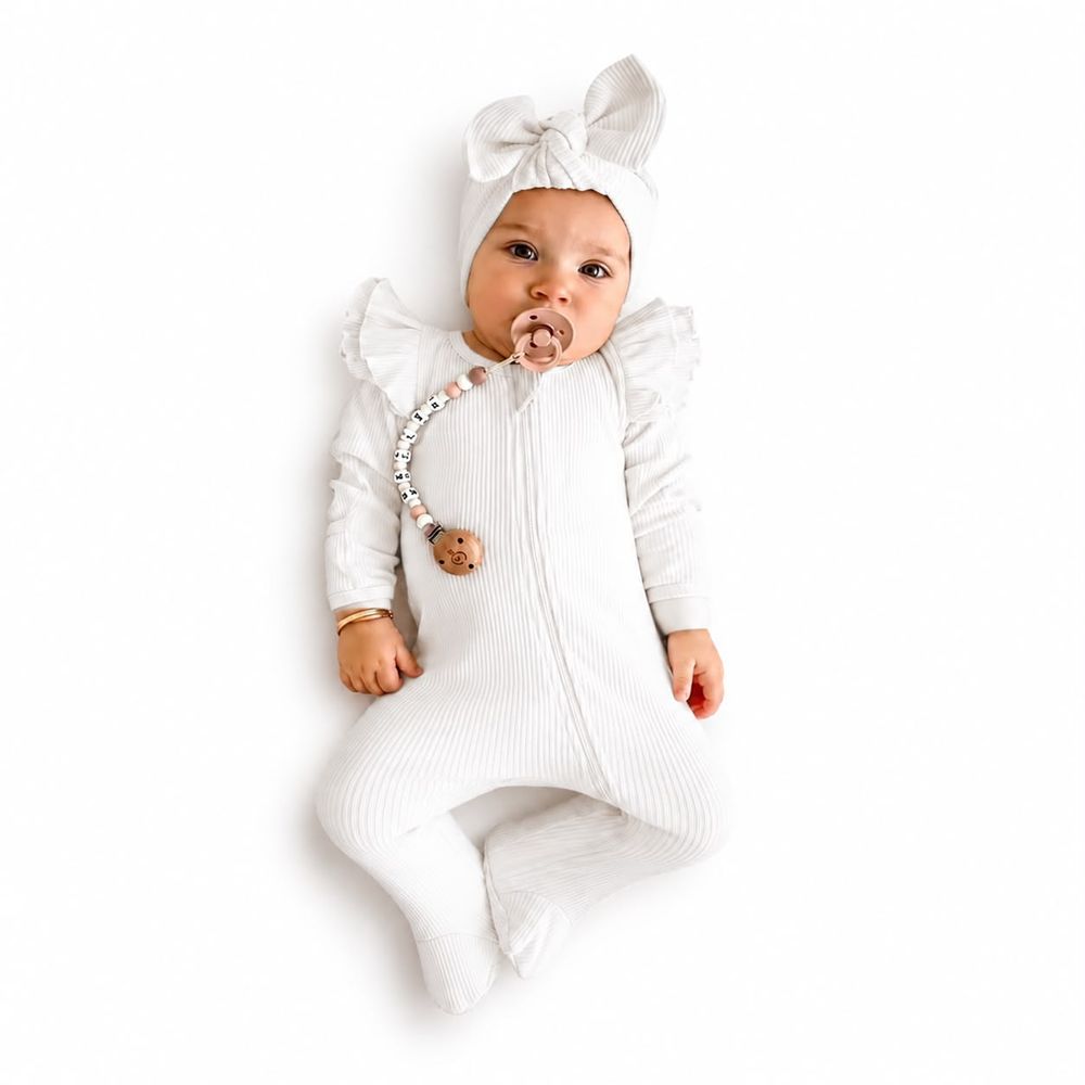 Maxims - Cotton Ribbed Zip Footed Romper & Bow Set - White