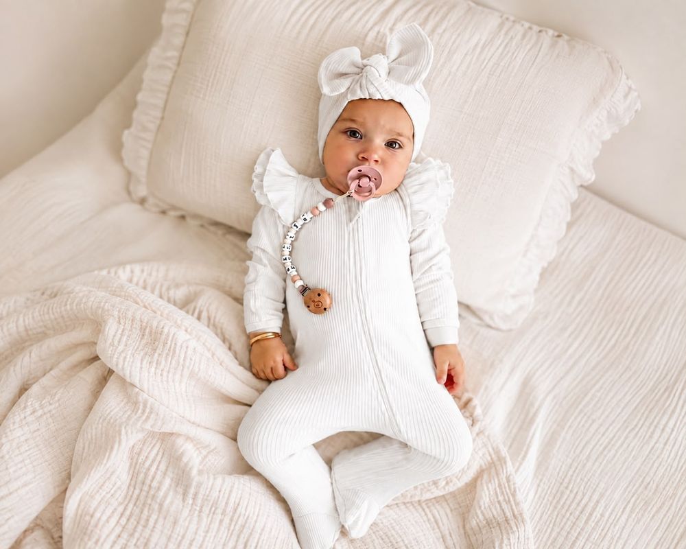 Maxims - Cotton Ribbed Zip Footed Romper & Bow Set - White