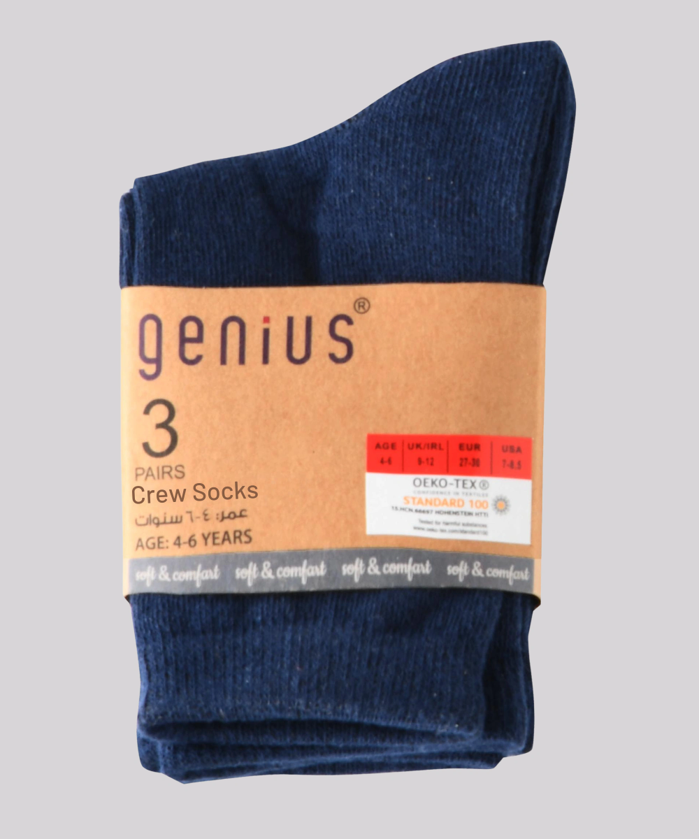Genius Kid's Crew Socks - Navy - 3 Pcs