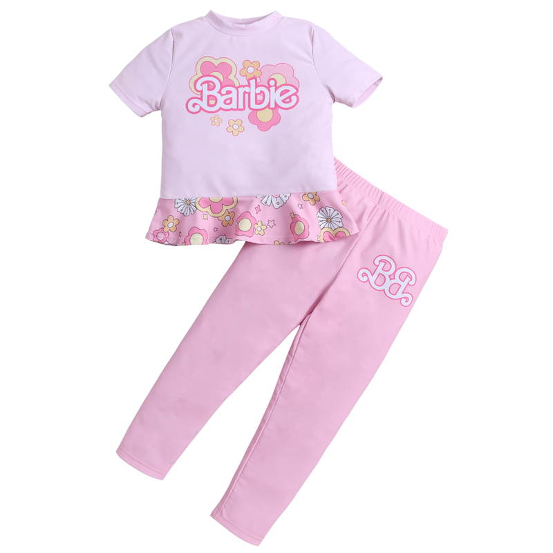 Disney Girl's Barbie Short Sleeves Swim Top & Pants - Pink - 2 Pcs