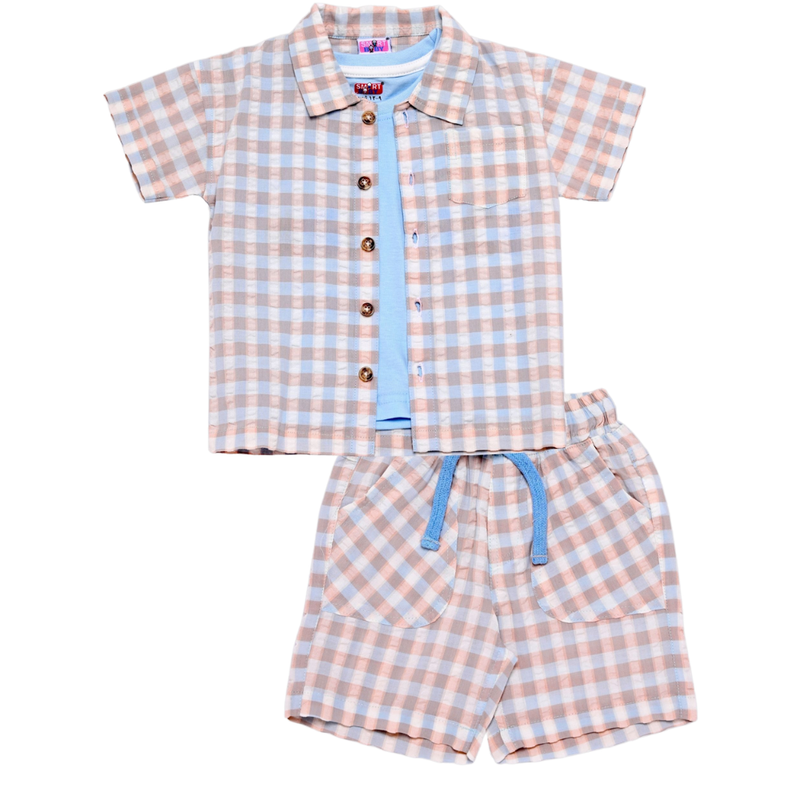 Smart Baby Boy Shirt with T-Shirt and Bermuda Set - Beige
