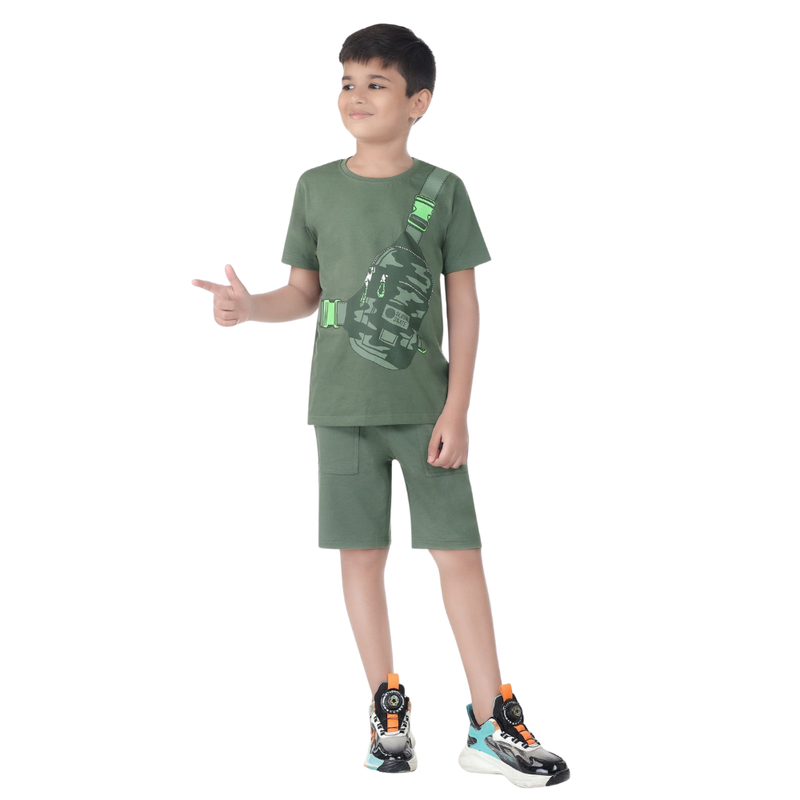 Genius - 2pc-Set - Boy's Printed Half Sleeve T-Shirt With Short - Sage Green