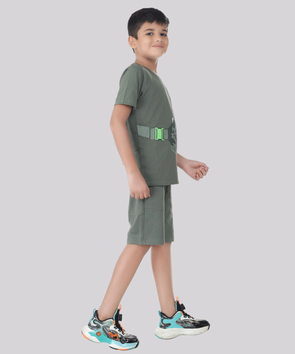 Genius - 2pc-Set - Boy's Printed Half Sleeve T-Shirt With Short - Sage Green