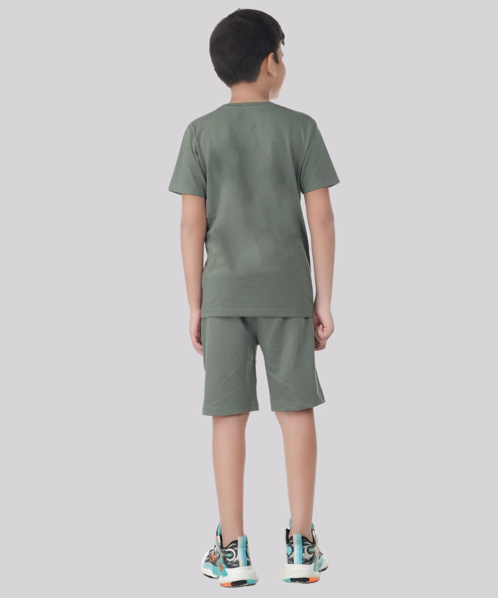 Genius - 2pc-Set - Boy's Printed Half Sleeve T-Shirt With Short - Sage Green