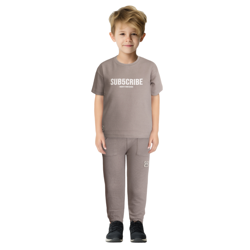 Genius Boys' Waffle T-Shirt & Joggers - Brown - 2 Pcs