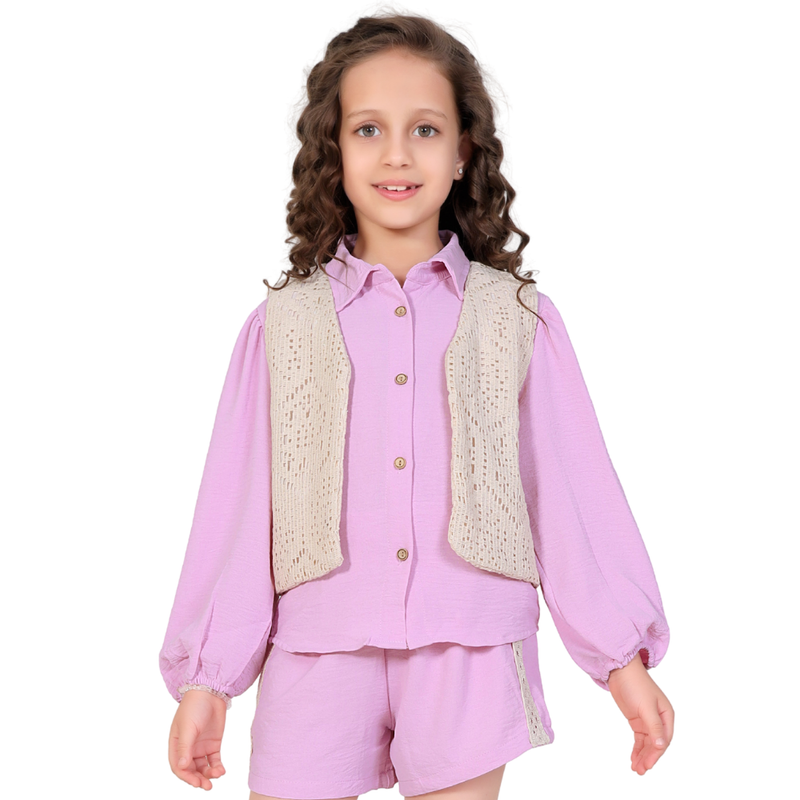 Little Kangaroos Girl's Solid Shirt & Crochet Vest - Pink - 2 Pcs