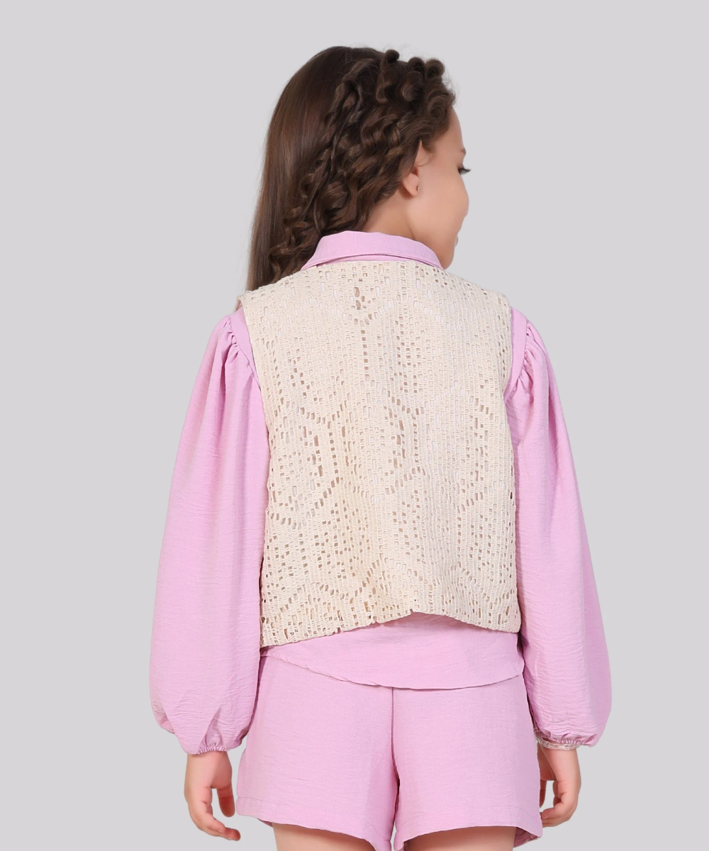 Little Kangaroos Girl's Solid Shirt & Crochet Vest - Pink - 2 Pcs