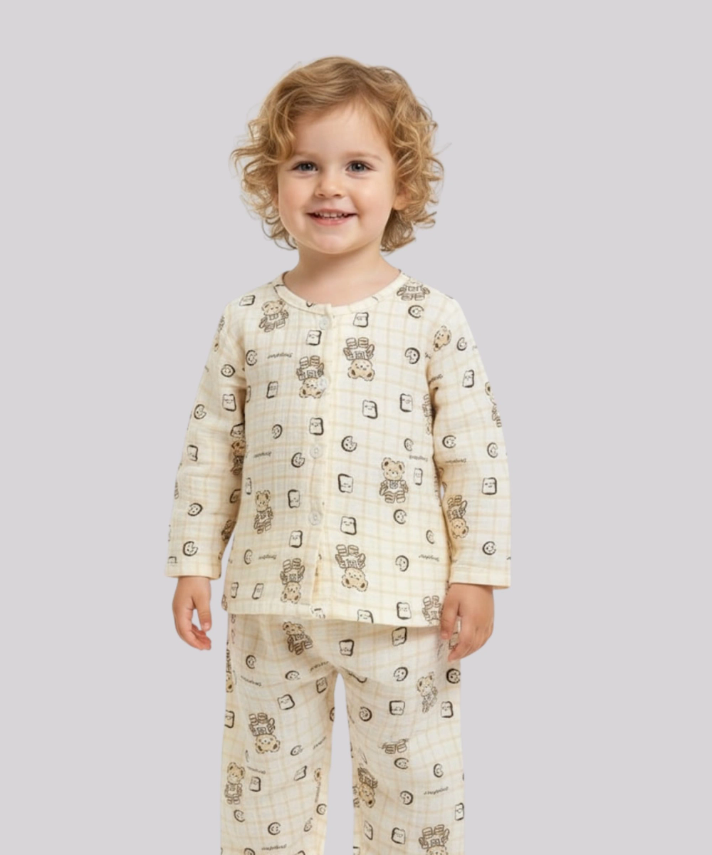 Smart Baby Baby Boy's Teddy Bear Top & Pyjama - Cream - 2 Pcs