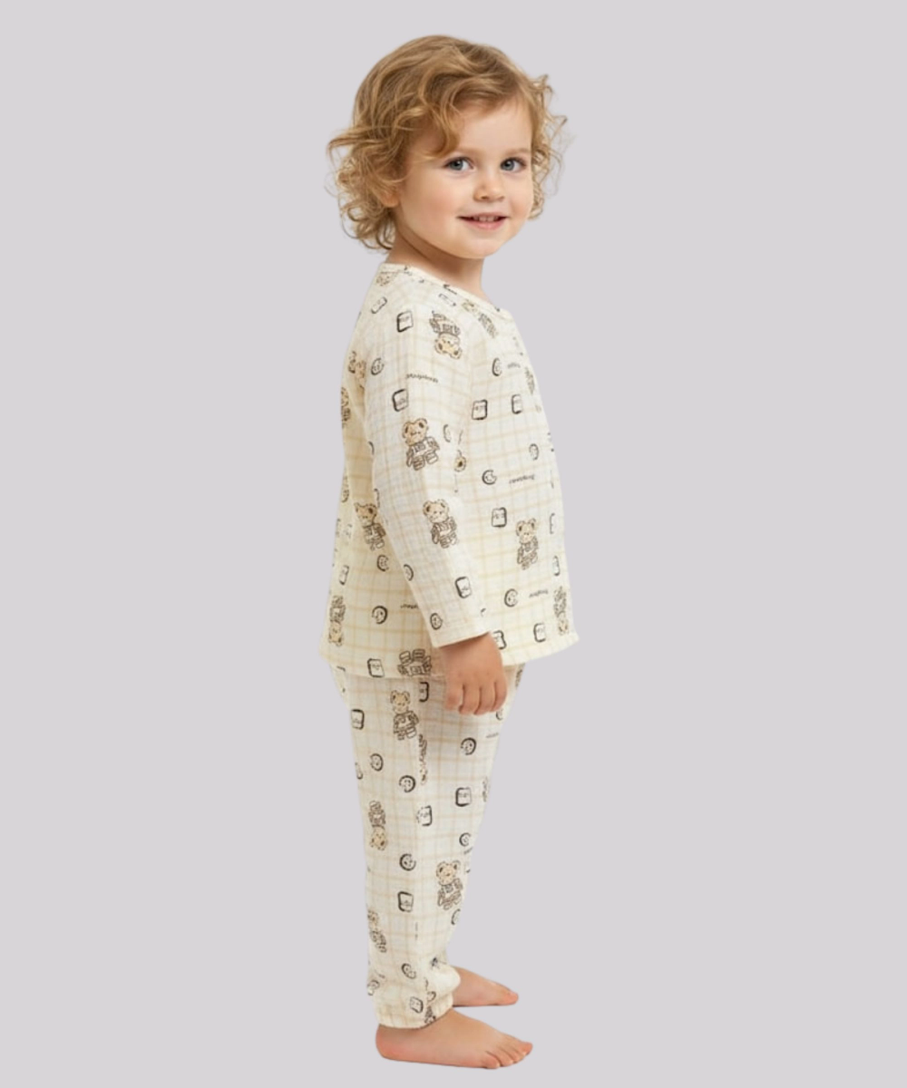 Smart Baby Baby Boy's Teddy Bear Top & Pyjama - Cream - 2 Pcs