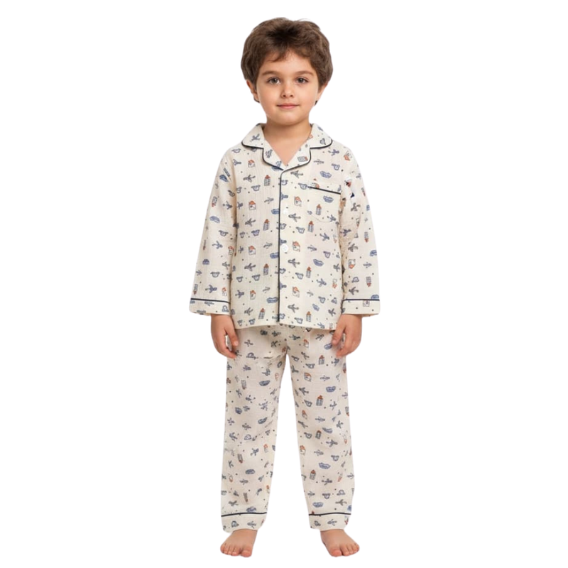 Genius Boy's Vehicle Printed Top & Pyjama - Cream - 2 Pcs