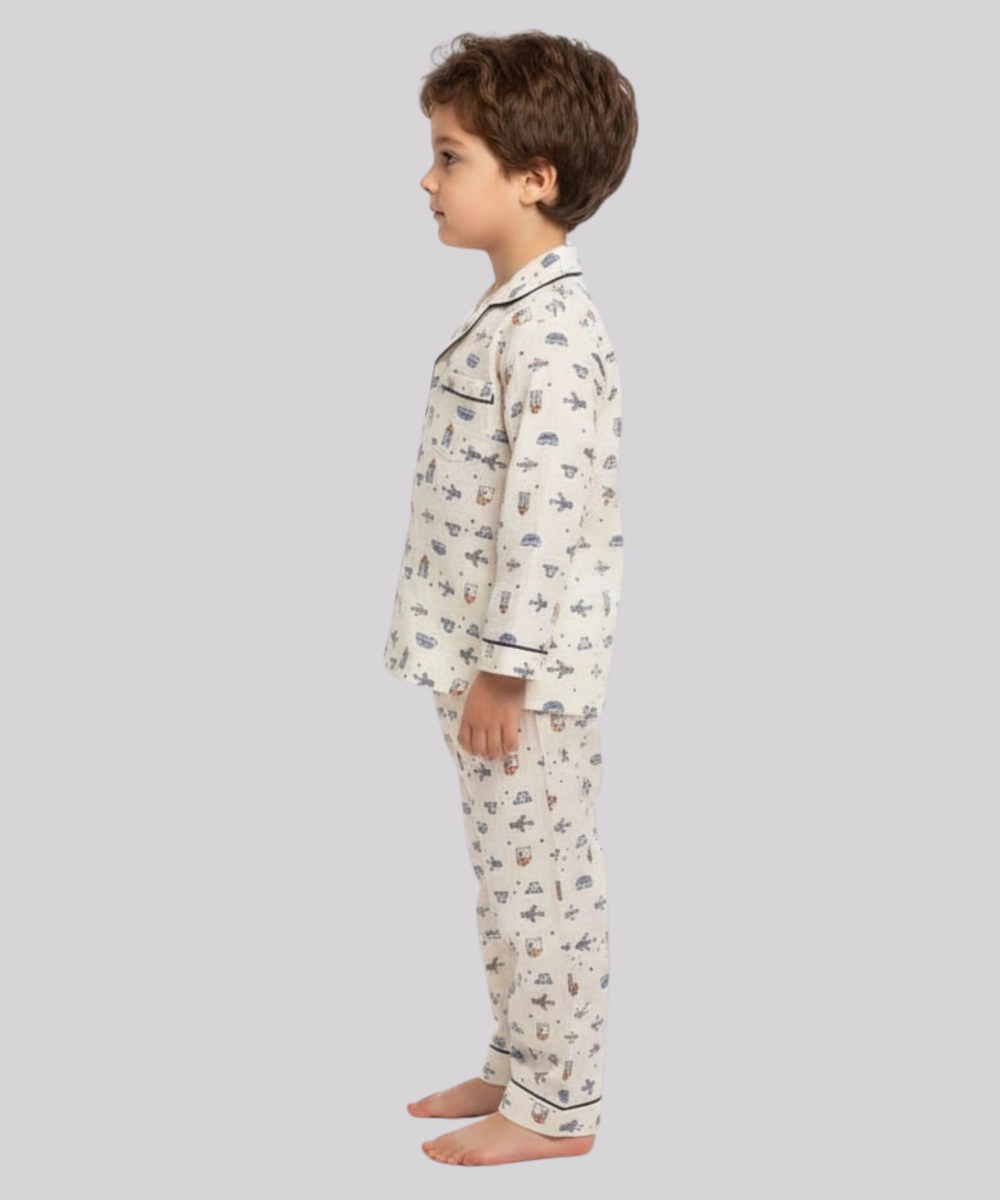 Genius Boy's Vehicle Printed Top & Pyjama - Cream - 2 Pcs