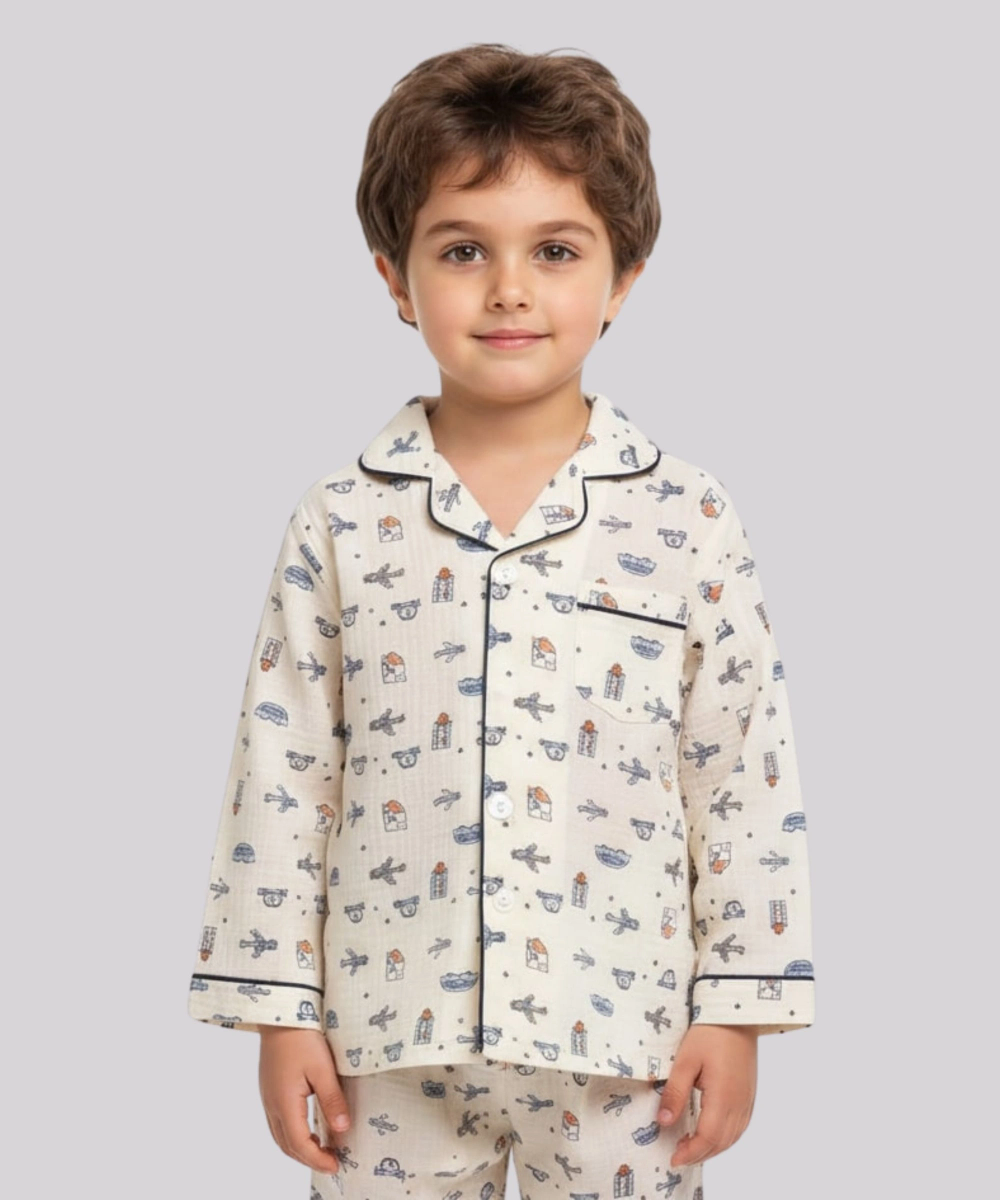 Genius Boy's Vehicle Printed Top & Pyjama - Cream - 2 Pcs