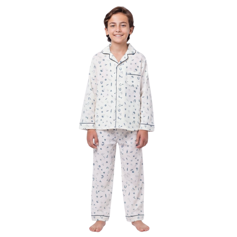 Genius Boy's Playful Printed Top & Pyjama - Cream - 2 Pcs
