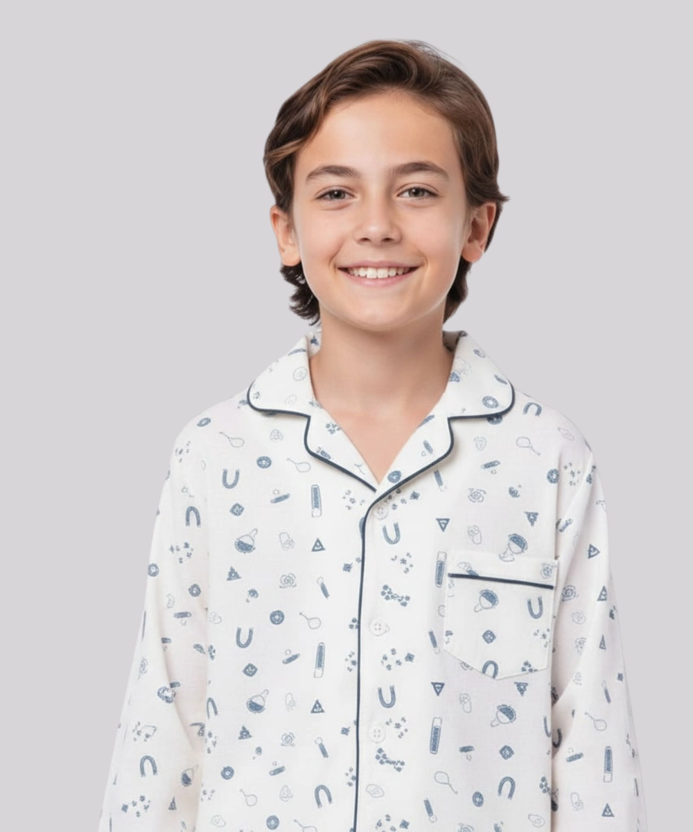 Genius Boy's Playful Printed Top & Pyjama - Cream - 2 Pcs
