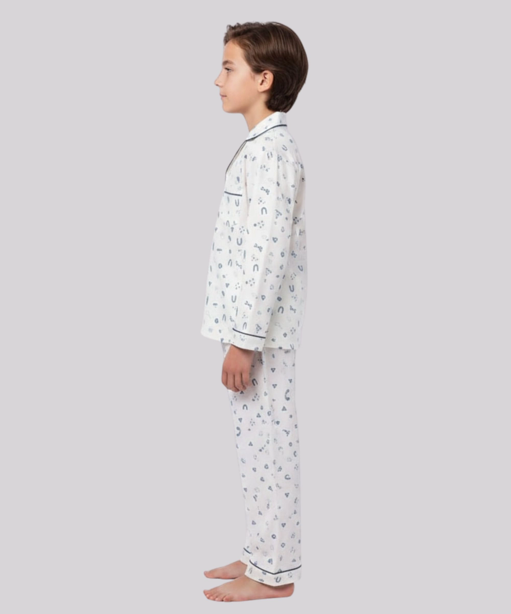 Genius Boy's Playful Printed Top & Pyjama - Cream - 2 Pcs