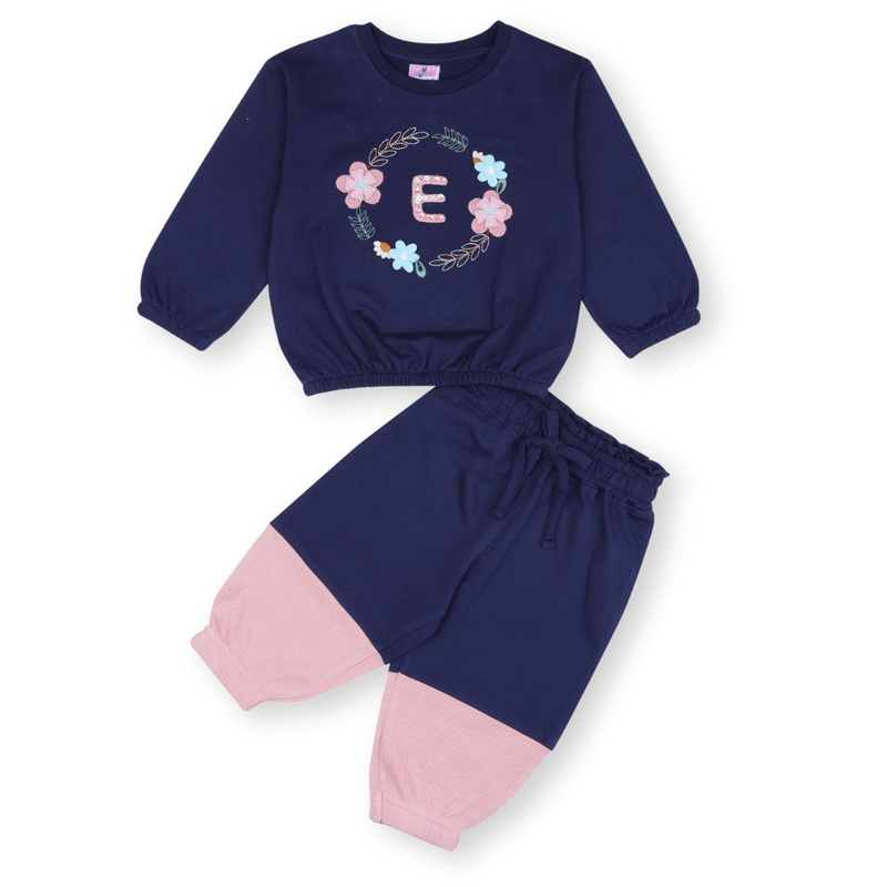 Smart Baby Baby Girl's Floral Embroidered Sweatshirt & Jogger - Navy Blue - 2 Pcs