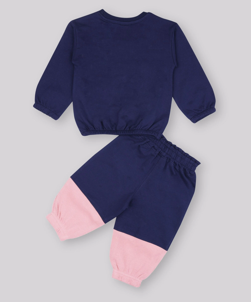 Smart Baby Baby Girl's Floral Embroidered Sweatshirt & Jogger - Navy Blue - 2 Pcs