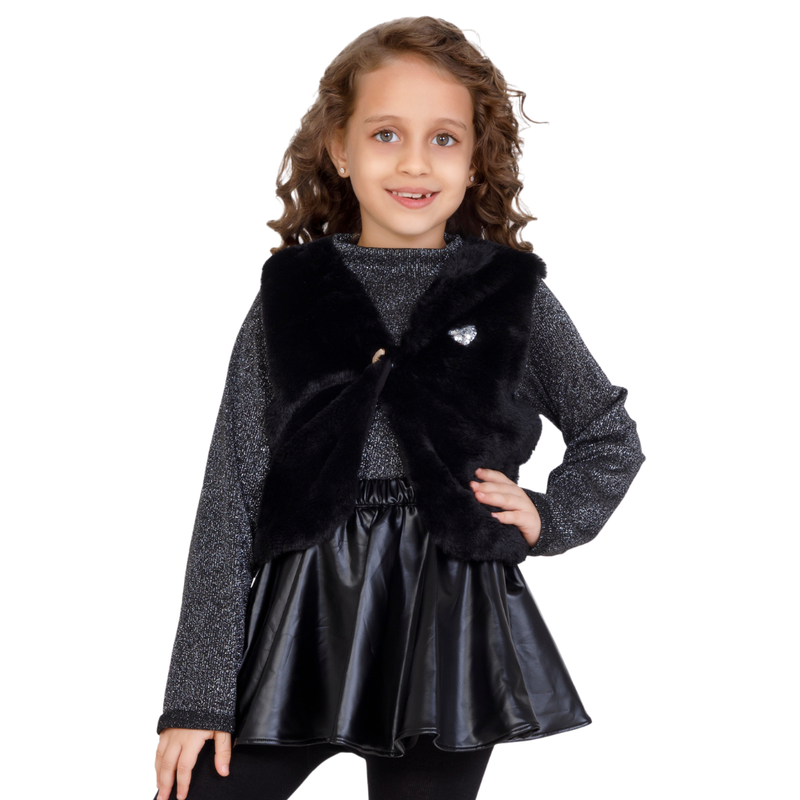 Little Kangaroos Girls Fur Waistcoat & Inner - Black - 2 Pcs