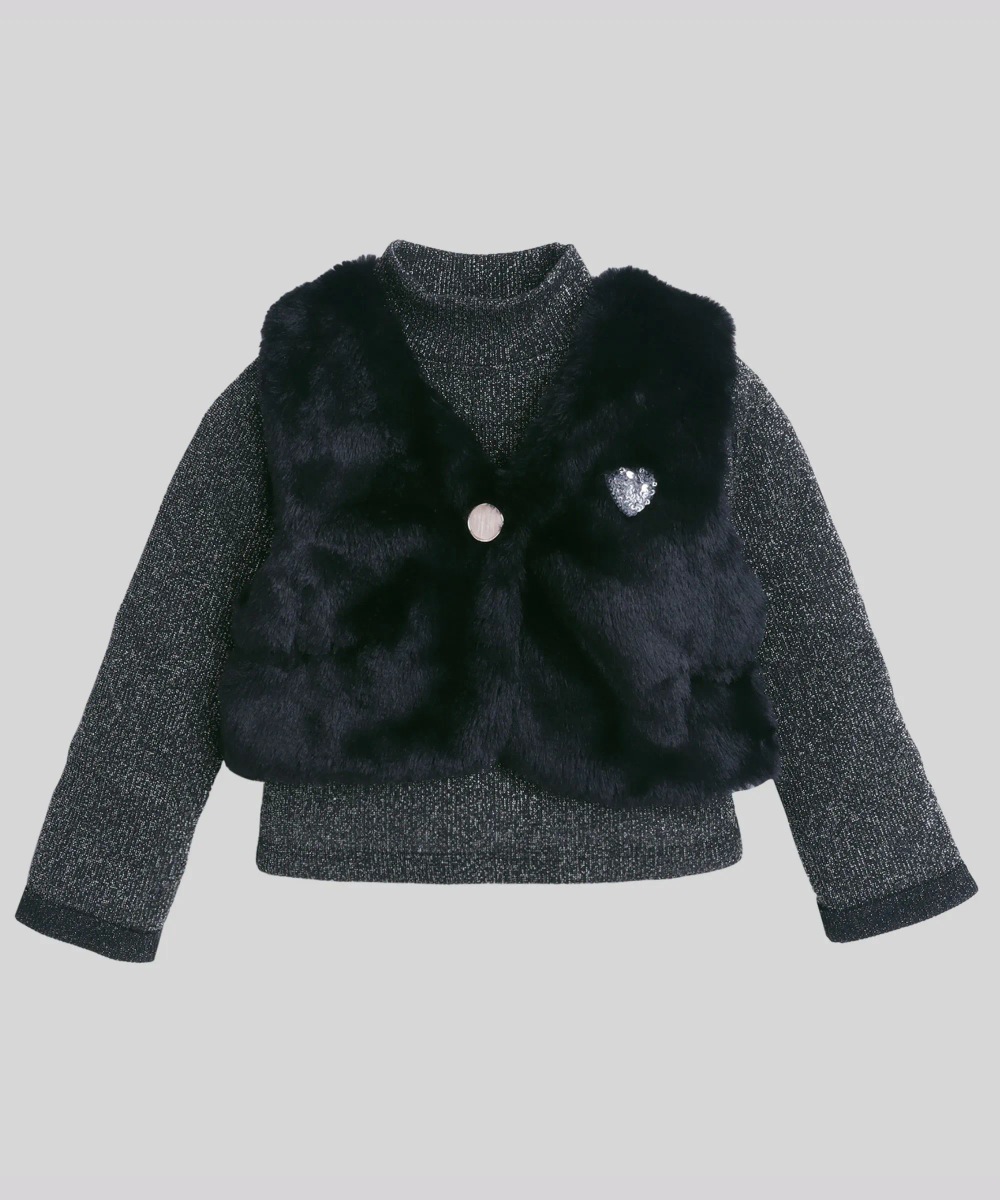 Little Kangaroos Girls Fur Waistcoat & Inner - Black - 2 Pcs