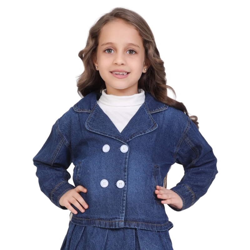 Little Kangaroos Girl's Inner T-Shirt & Denim Coat - White/Blue - 2 Pcs