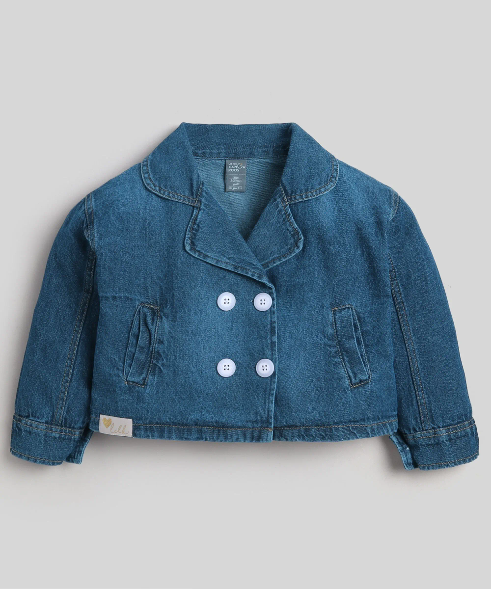 Little Kangaroos Girl's Inner T-Shirt & Denim Coat - White/Blue - 2 Pcs