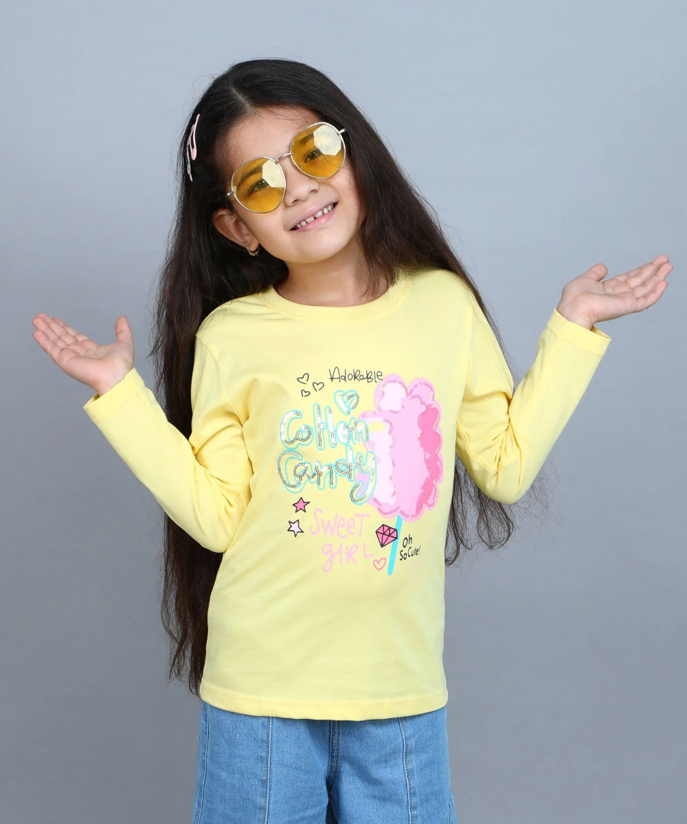Nexgen Girl's Cotton Candy Printed T-Shirt - Yellow