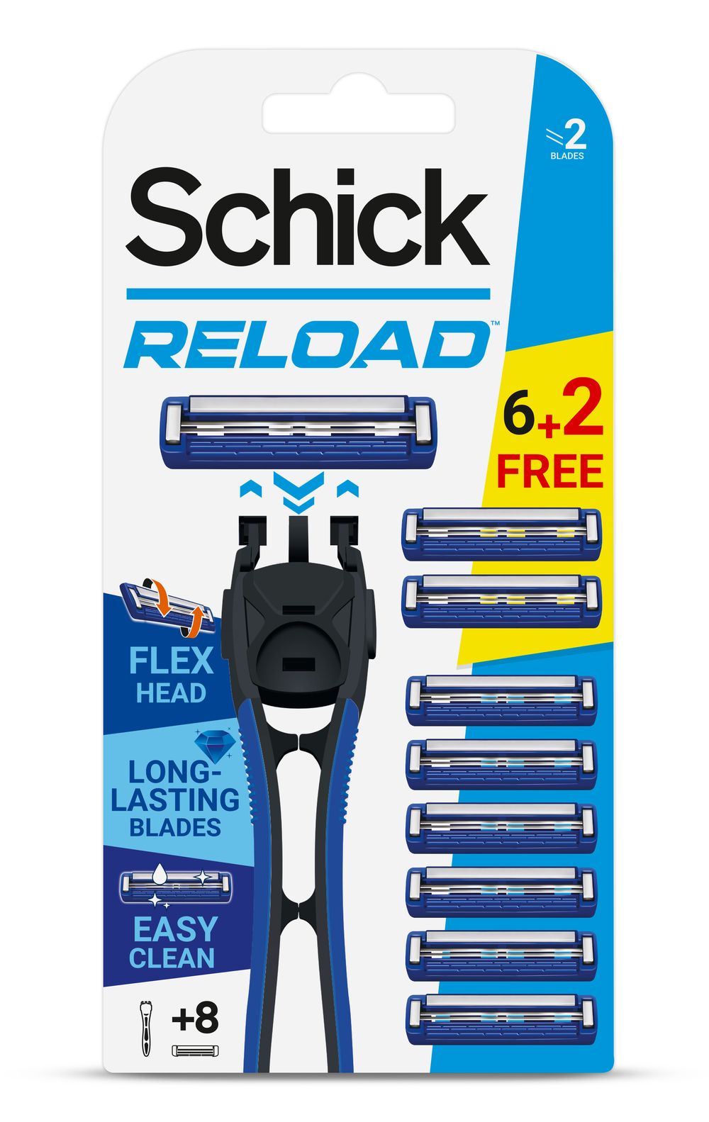 Schick - Reload 2 Blade Flex Head Razor With 8 Cartridges - Blue