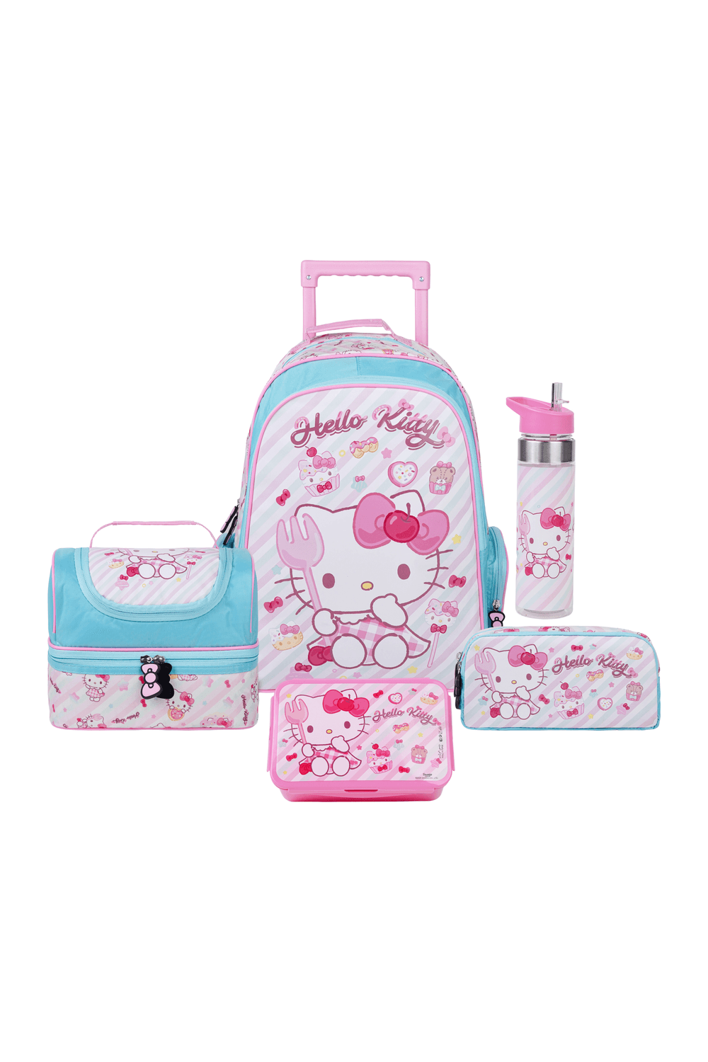 Sanrio - Hello Kitty 5-In-1 Kids Trolley Backpack, Lunch Bag & Box With Water Bottle & Pencil Case Set - Pink/Blue