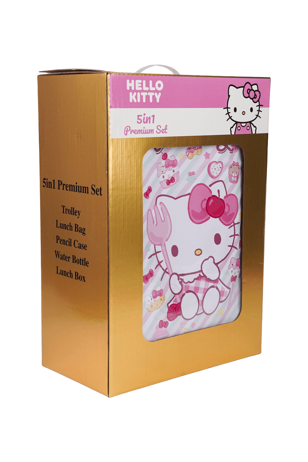 Sanrio - Hello Kitty 5-In-1 Kids Trolley Backpack, Lunch Bag & Box With Water Bottle & Pencil Case Set - Pink/Blue