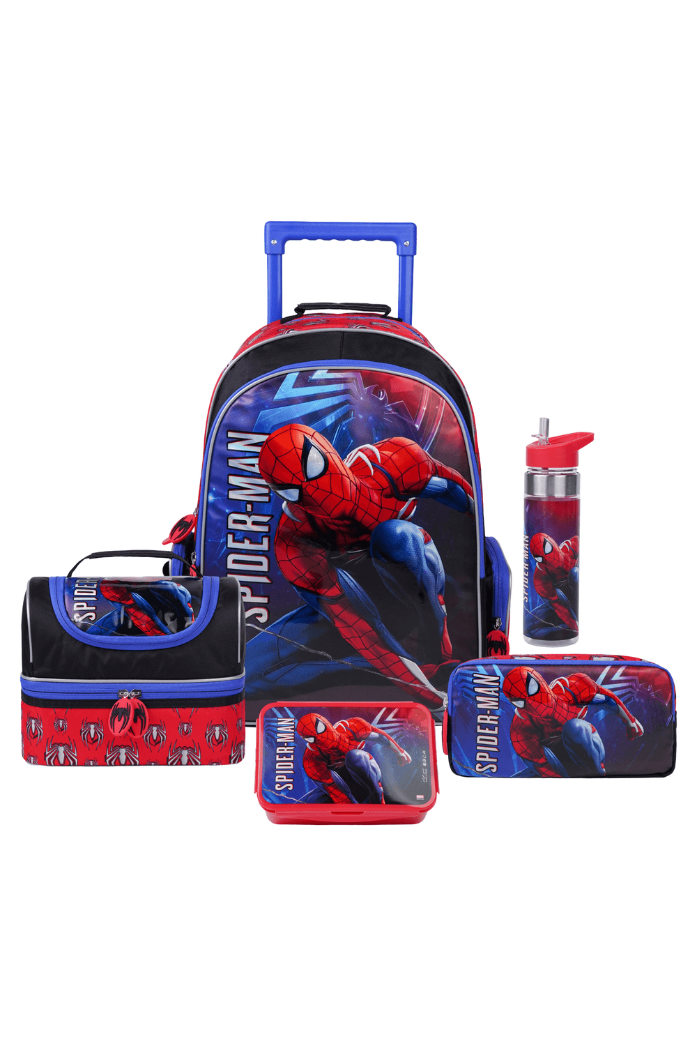 Marvel - Spiderman 5-In-1 Kids Trolley Backpack, Lunch Bag & Box With Water Bottle & Pencil Case Set - Multicolor