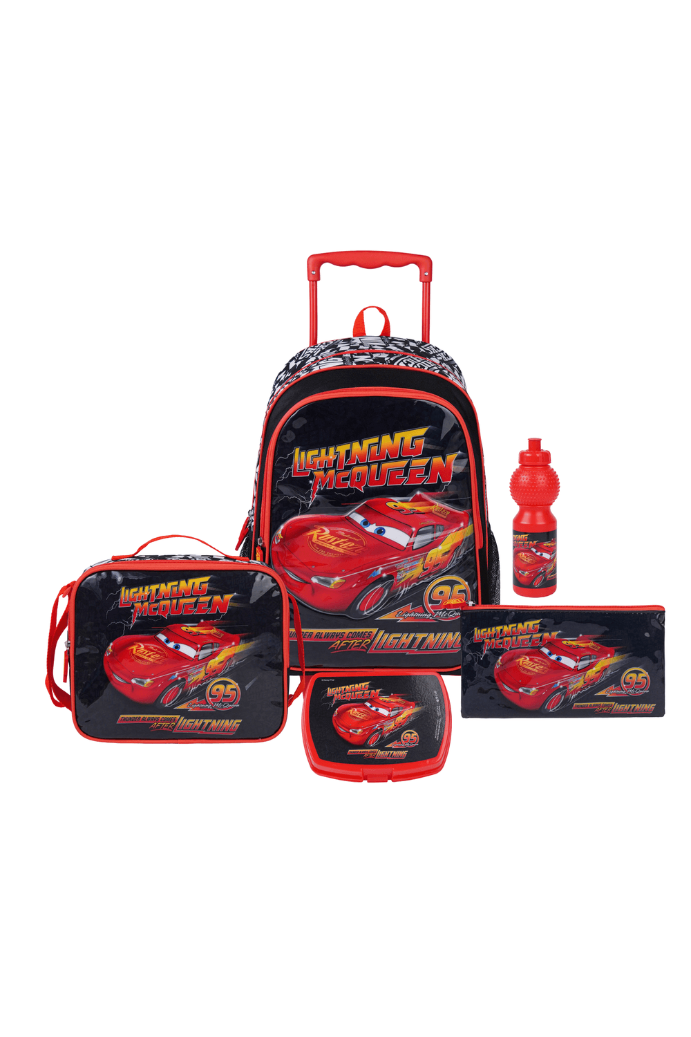 Disney - Cars 5-In-1 Trolley Backpack, Lunch Box & Bag With Water Bottle & Pencil Case - Red/Black