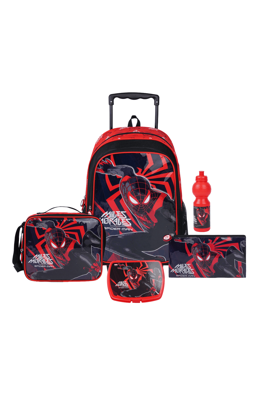 Marvel - Spiderman 5-In-1 Trolley Backpack, Lunch Box & Bag With Water Bottle & Pencil Case - Black/Red
